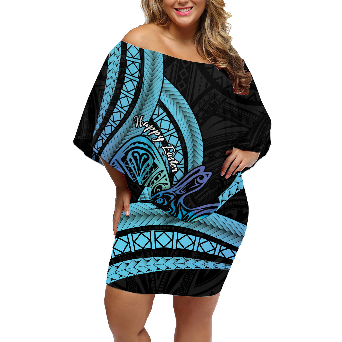 Turquoise Polynesia Easter Day Family Matching Off Shoulder Short Dress and Hawaiian Shirt Eggs With Bunny Polynesian Pattern LT14 Mom's Dress Turquoise - Polynesian Pride