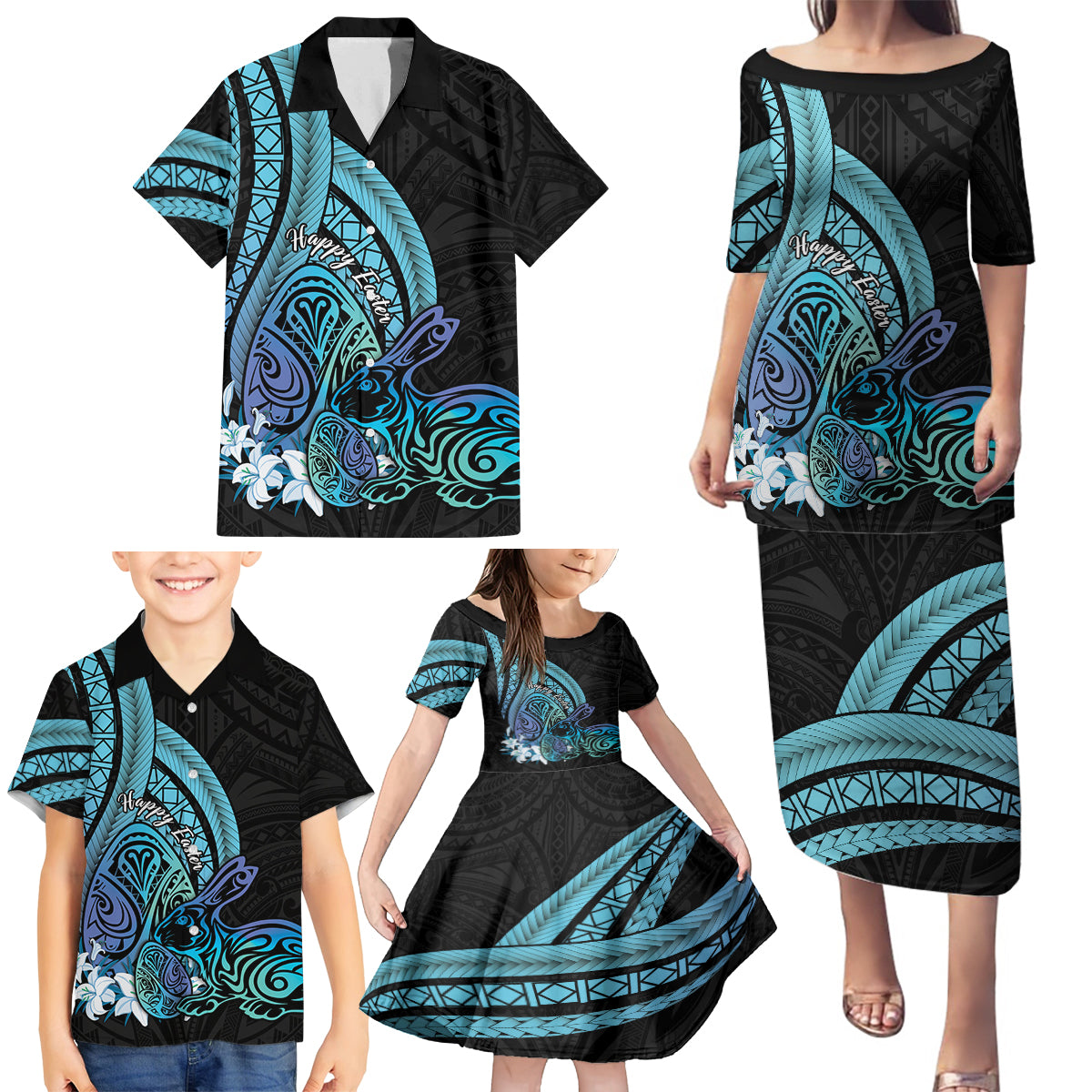 Turquoise Polynesia Easter Day Family Matching Puletasi and Hawaiian Shirt Eggs With Bunny Polynesian Pattern