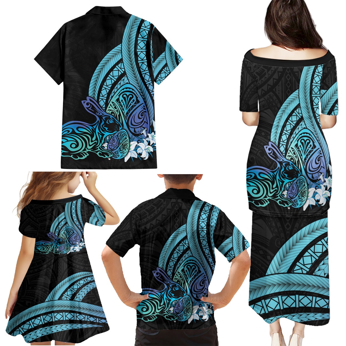 Turquoise Polynesia Easter Day Family Matching Puletasi and Hawaiian Shirt Eggs With Bunny Polynesian Pattern LT14 - Polynesian Pride