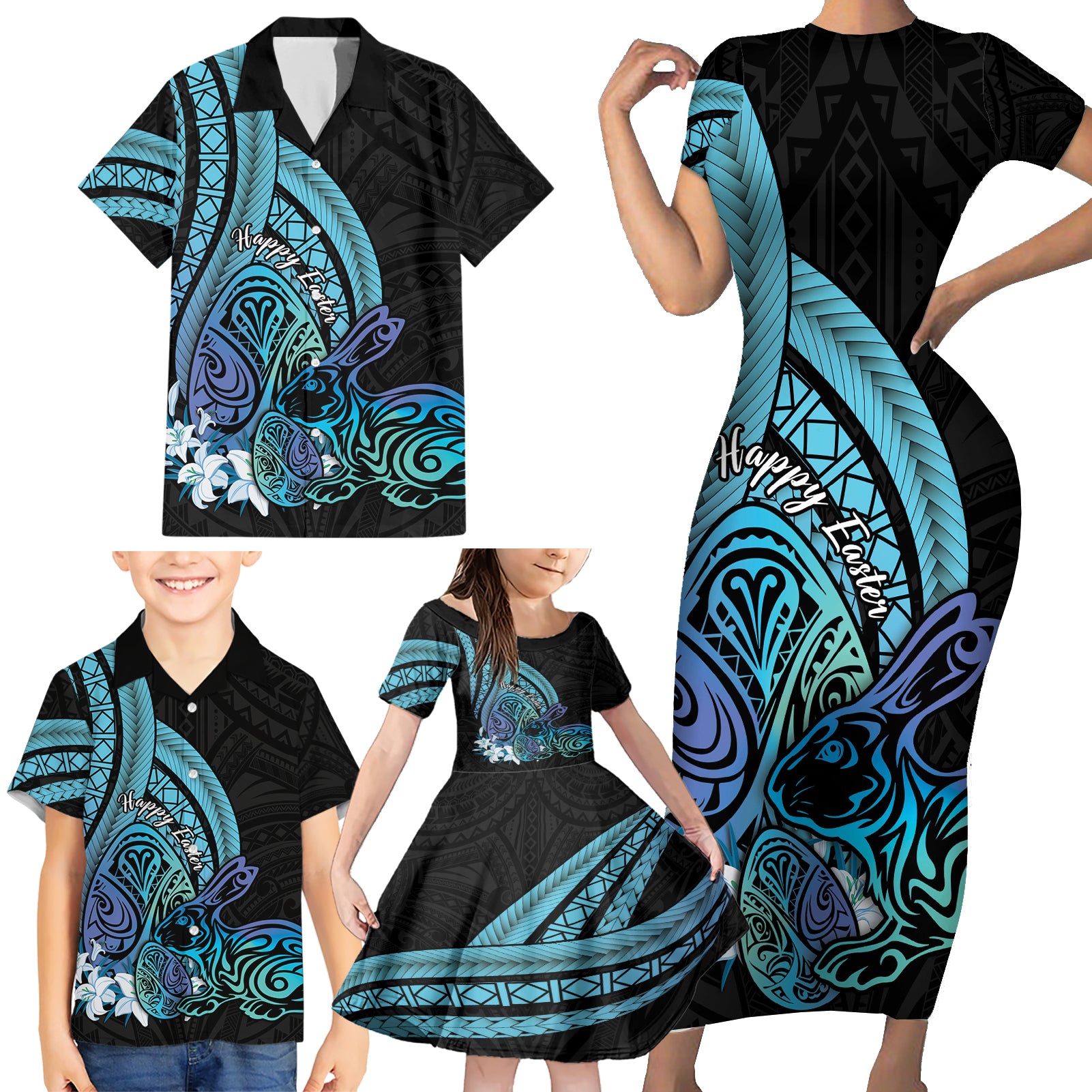 Turquoise Polynesia Easter Day Family Matching Short Sleeve Bodycon Dress and Hawaiian Shirt Eggs With Bunny Polynesian Pattern