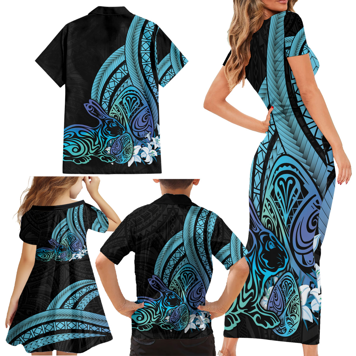 Turquoise Polynesia Easter Day Family Matching Short Sleeve Bodycon Dress and Hawaiian Shirt Eggs With Bunny Polynesian Pattern LT14 - Polynesian Pride