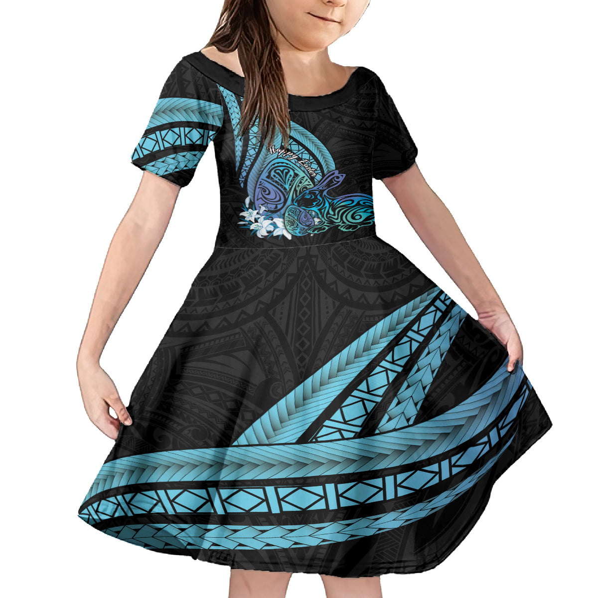 Turquoise Polynesia Easter Day Family Matching Summer Maxi Dress and Hawaiian Shirt Eggs With Bunny Polynesian Pattern LT14 Daughter's Dress Turquoise - Polynesian Pride