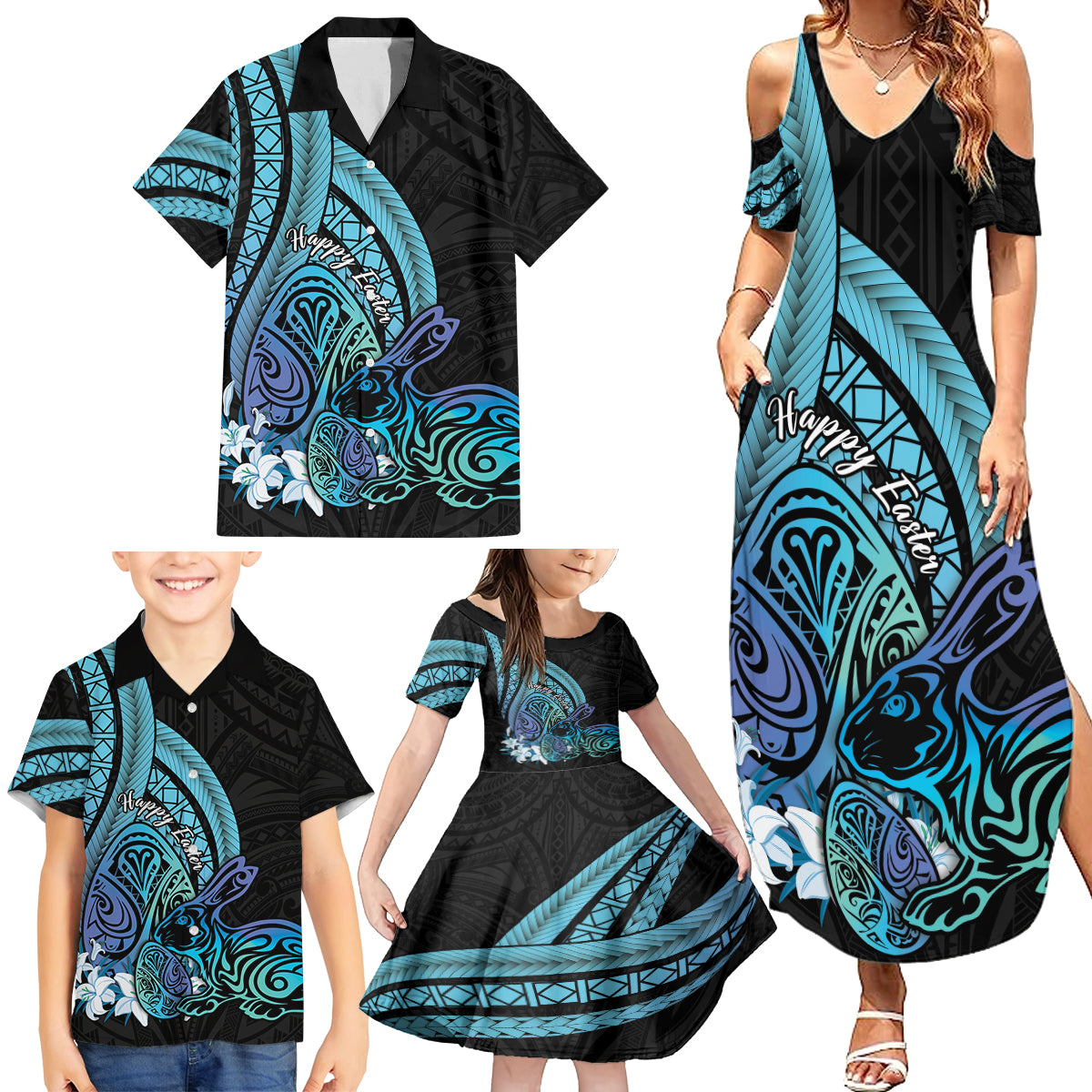 Turquoise Polynesia Easter Day Family Matching Summer Maxi Dress and Hawaiian Shirt Eggs With Bunny Polynesian Pattern