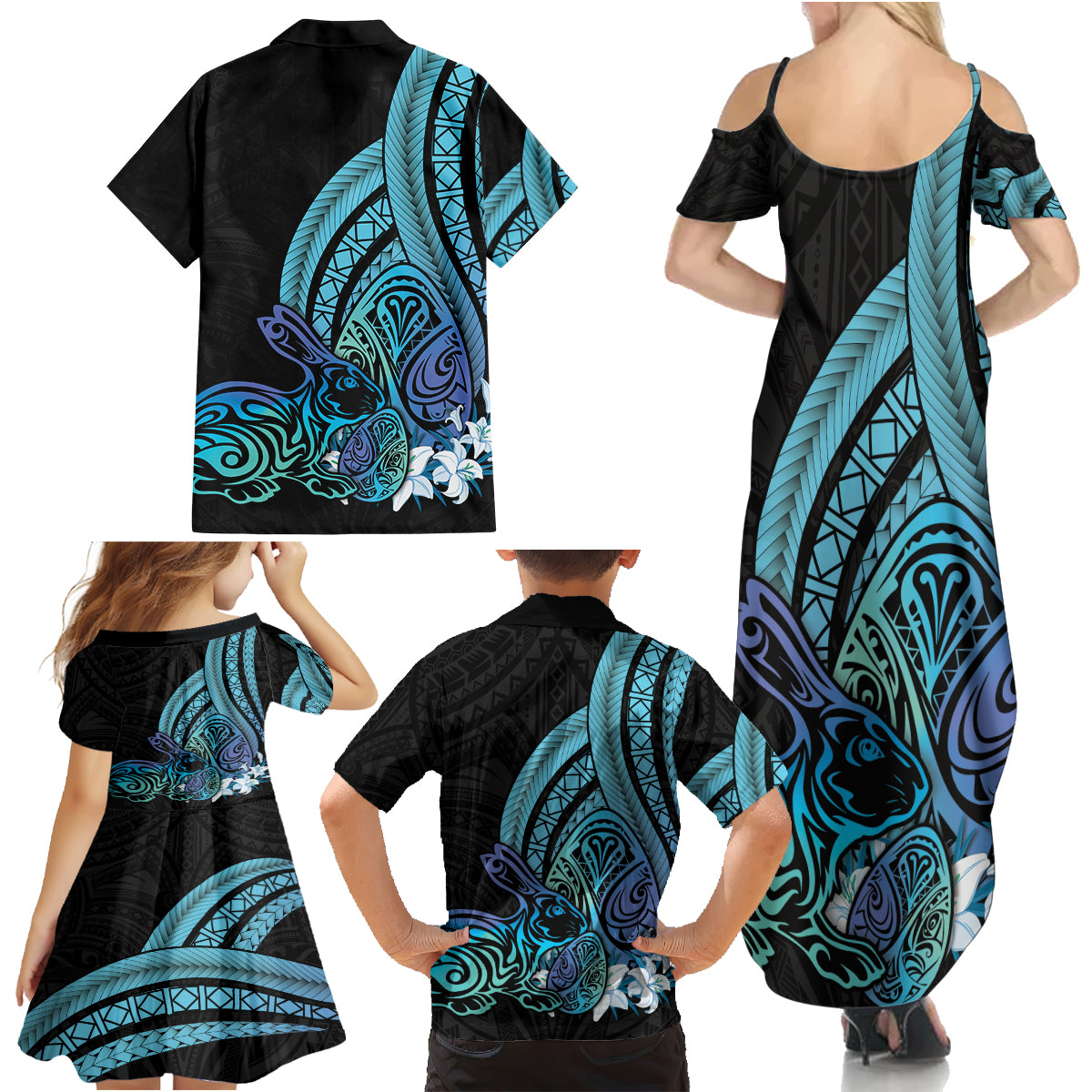 Turquoise Polynesia Easter Day Family Matching Summer Maxi Dress and Hawaiian Shirt Eggs With Bunny Polynesian Pattern LT14 - Polynesian Pride