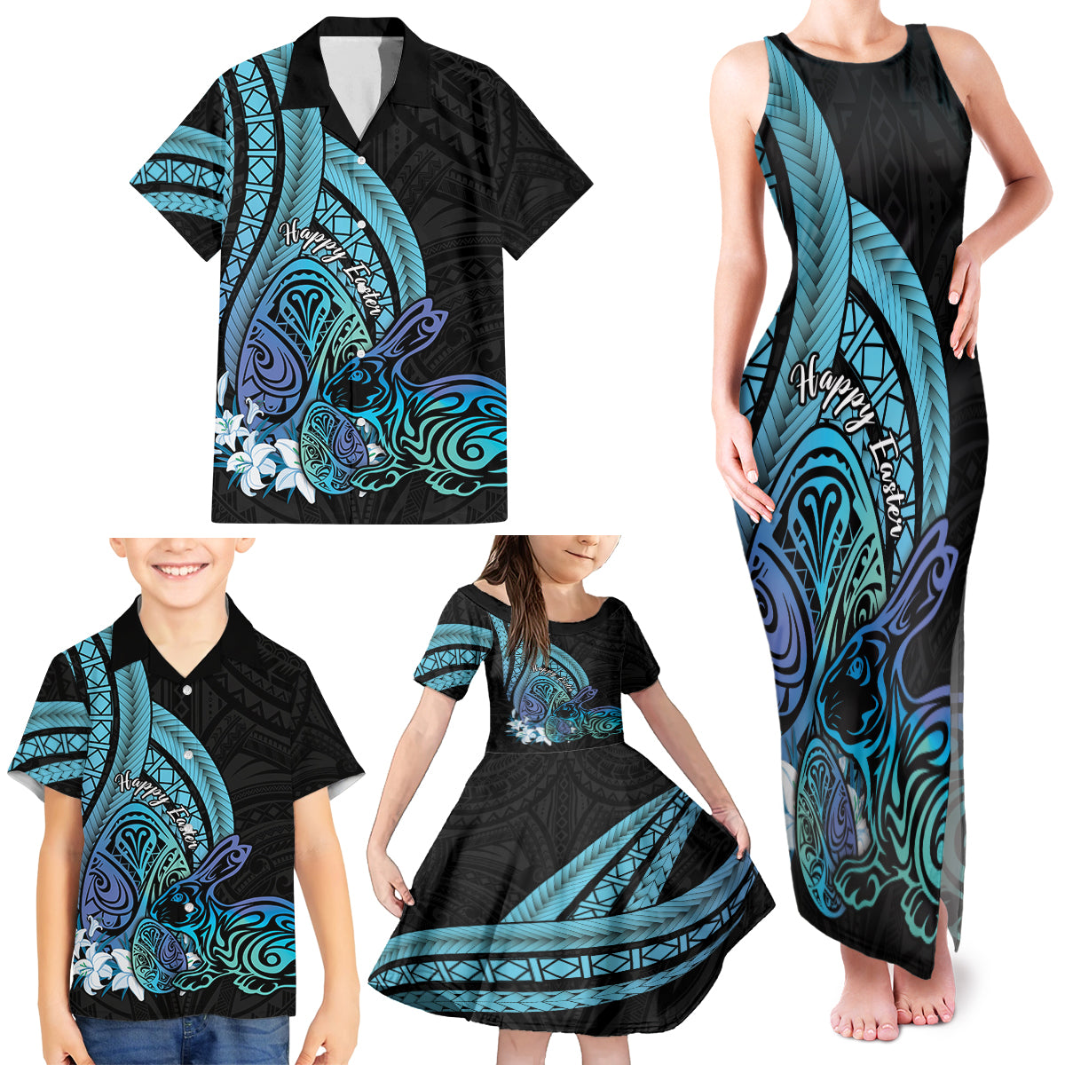 Turquoise Polynesia Easter Day Family Matching Tank Maxi Dress and Hawaiian Shirt Eggs With Bunny Polynesian Pattern LT14 - Polynesian Pride