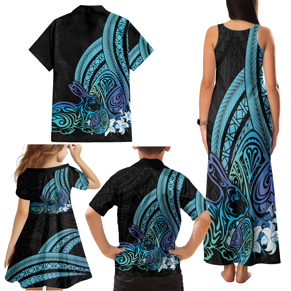 Turquoise Polynesia Easter Day Family Matching Tank Maxi Dress and Hawaiian Shirt Eggs With Bunny Polynesian Pattern LT14 - Polynesian Pride