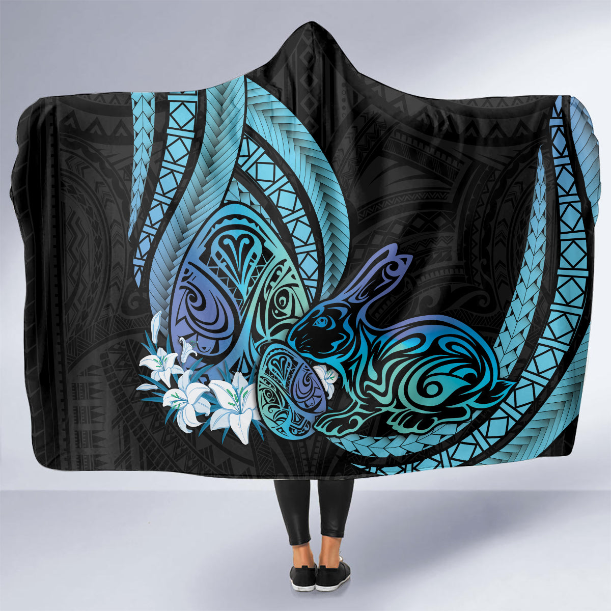 Turquoise Polynesia Easter Day Hooded Blanket Eggs With Bunny Polynesian Pattern LT14 - Polynesian Pride