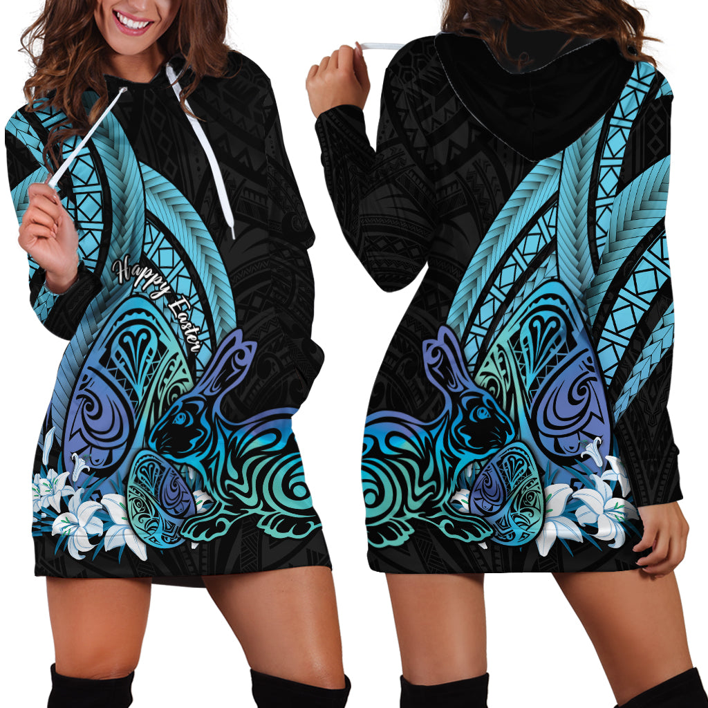 Turquoise Polynesia Easter Day Hoodie Dress Eggs With Bunny Polynesian Pattern LT14 - Polynesian Pride