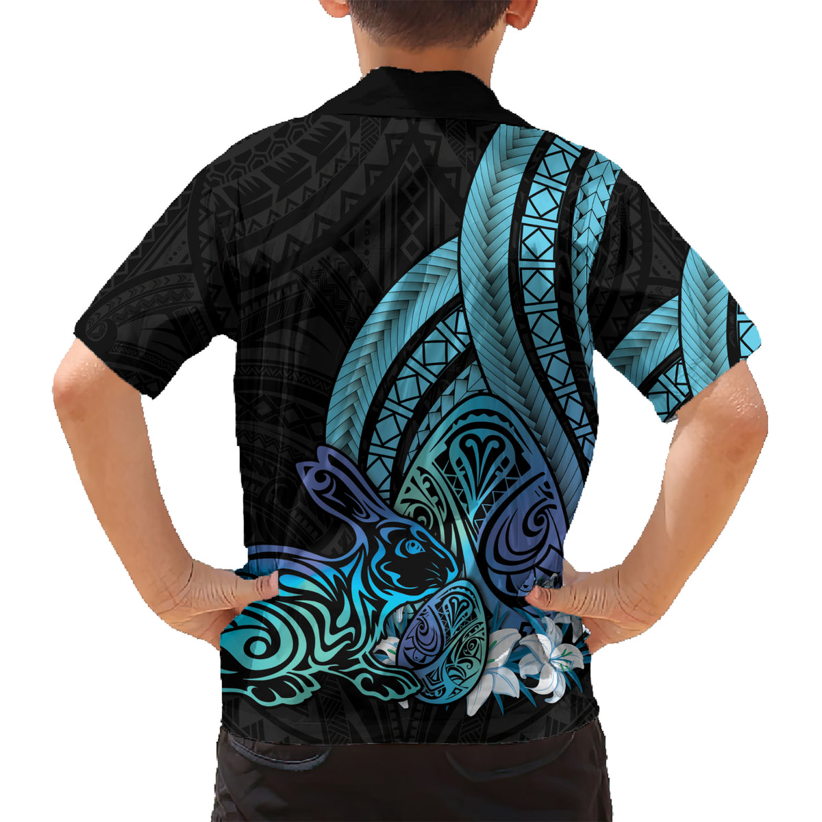 Turquoise Polynesia Easter Day Kid Hawaiian Shirt Eggs With Bunny Polynesian Pattern
