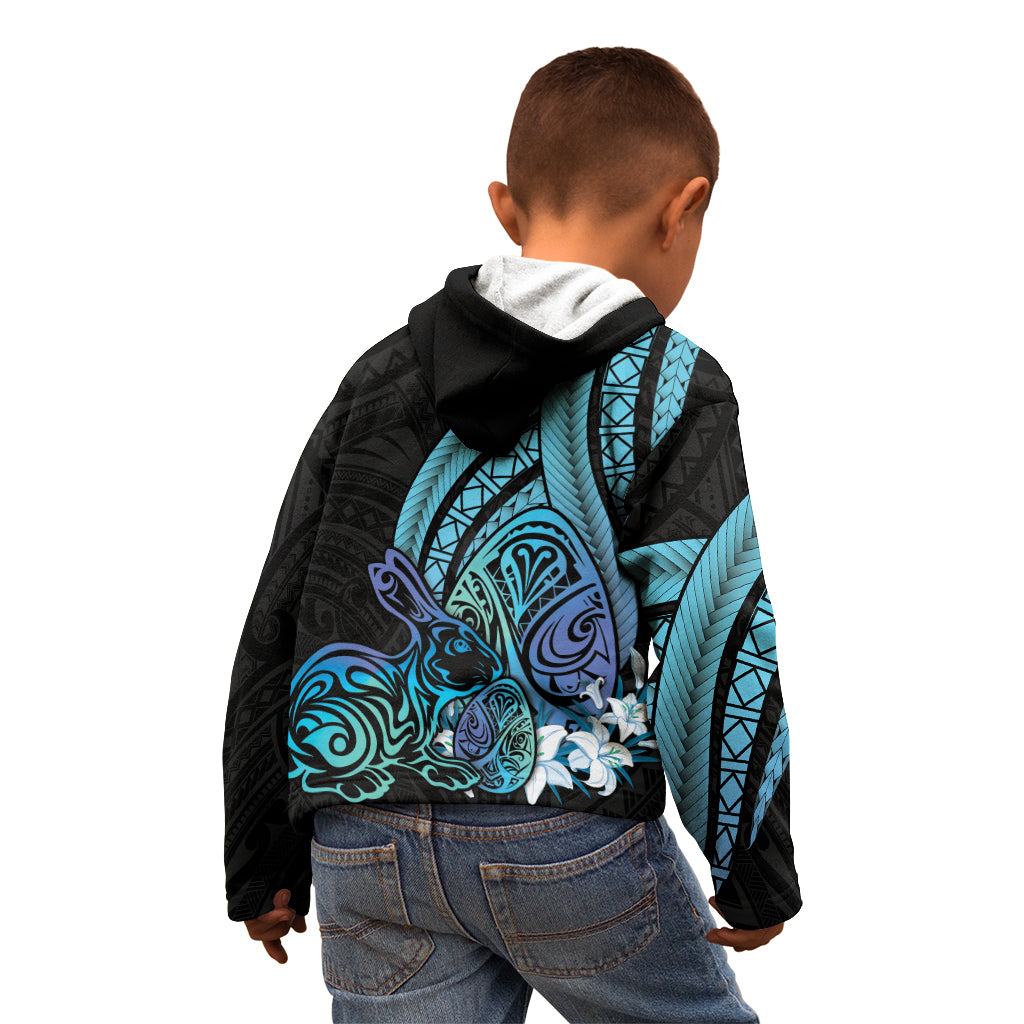 Turquoise Polynesia Easter Day Kid Hoodie Eggs With Bunny Polynesian Pattern
