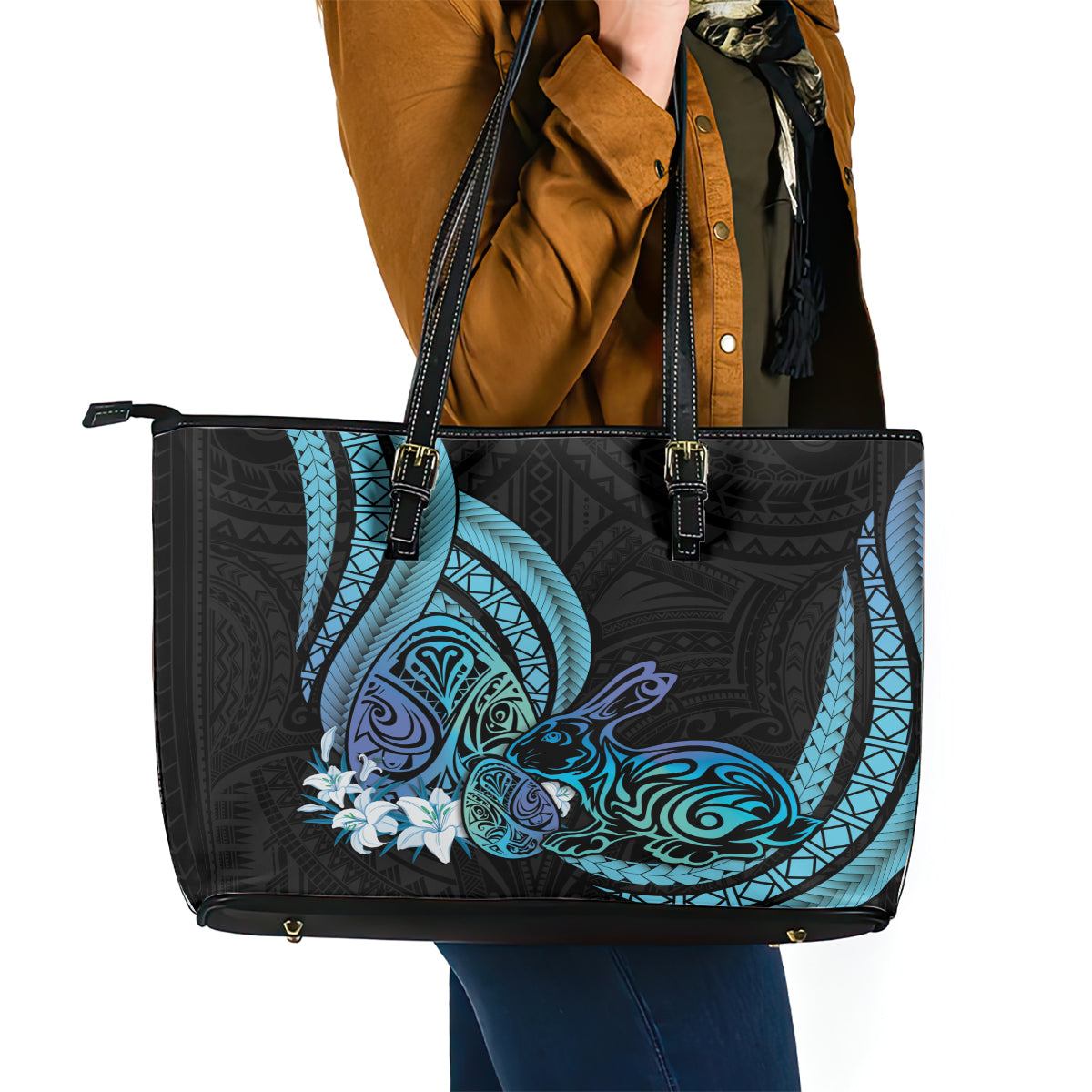 Turquoise Polynesia Easter Day Leather Tote Bag Eggs With Bunny Polynesian Pattern LT14 - Polynesian Pride