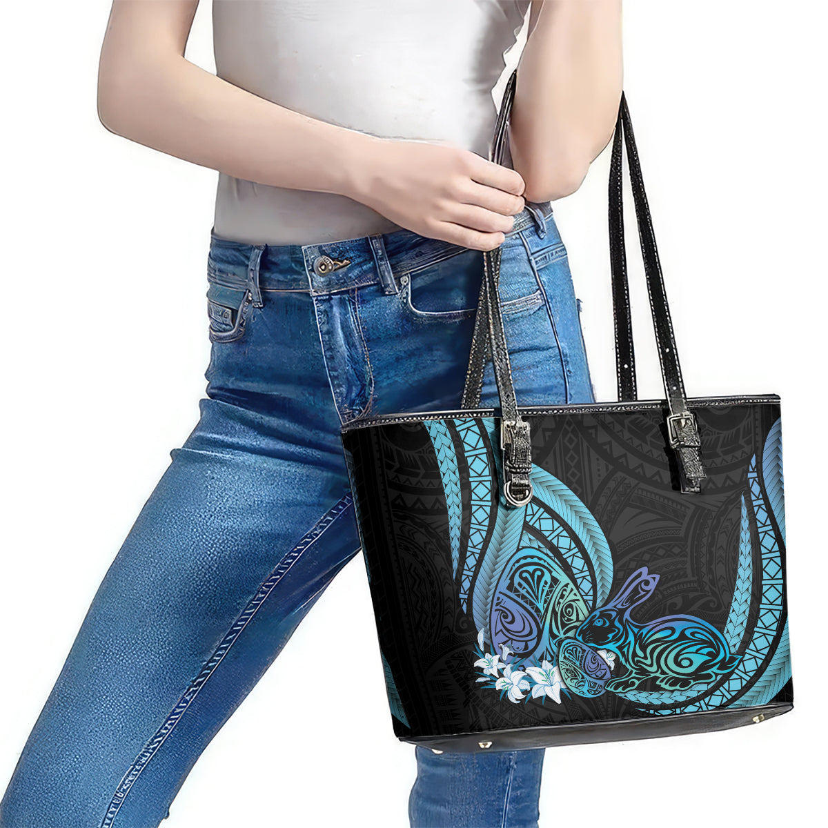 Turquoise Polynesia Easter Day Leather Tote Bag Eggs With Bunny Polynesian Pattern LT14 - Polynesian Pride