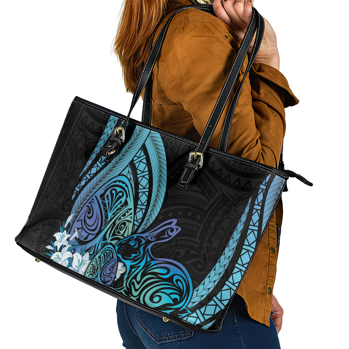 Turquoise Polynesia Easter Day Leather Tote Bag Eggs With Bunny Polynesian Pattern LT14 - Polynesian Pride