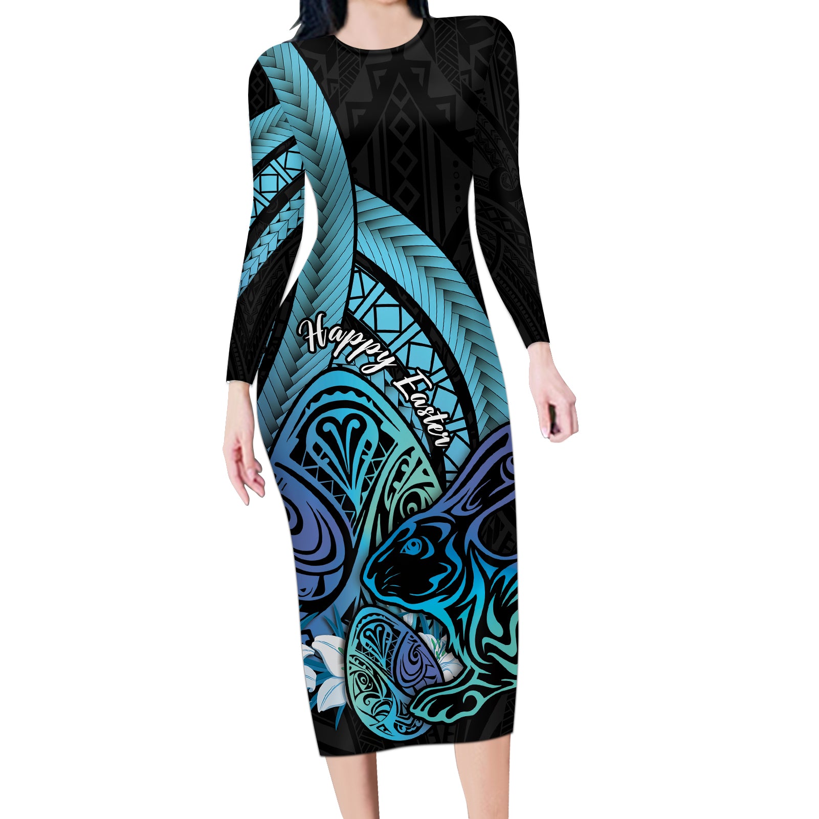 Turquoise Polynesia Easter Day Long Sleeve Bodycon Dress Eggs With Bunny Polynesian Pattern