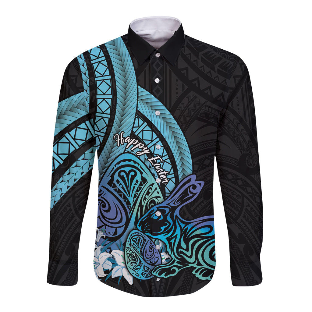 Turquoise Polynesia Easter Day Long Sleeve Button Shirt Eggs With Bunny Polynesian Pattern