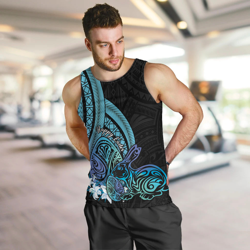 Turquoise Polynesia Easter Day Men Tank Top Eggs With Bunny Polynesian Pattern