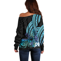 Turquoise Polynesia Easter Day Off Shoulder Sweater Eggs With Bunny Polynesian Pattern