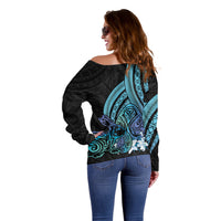 Turquoise Polynesia Easter Day Off Shoulder Sweater Eggs With Bunny Polynesian Pattern