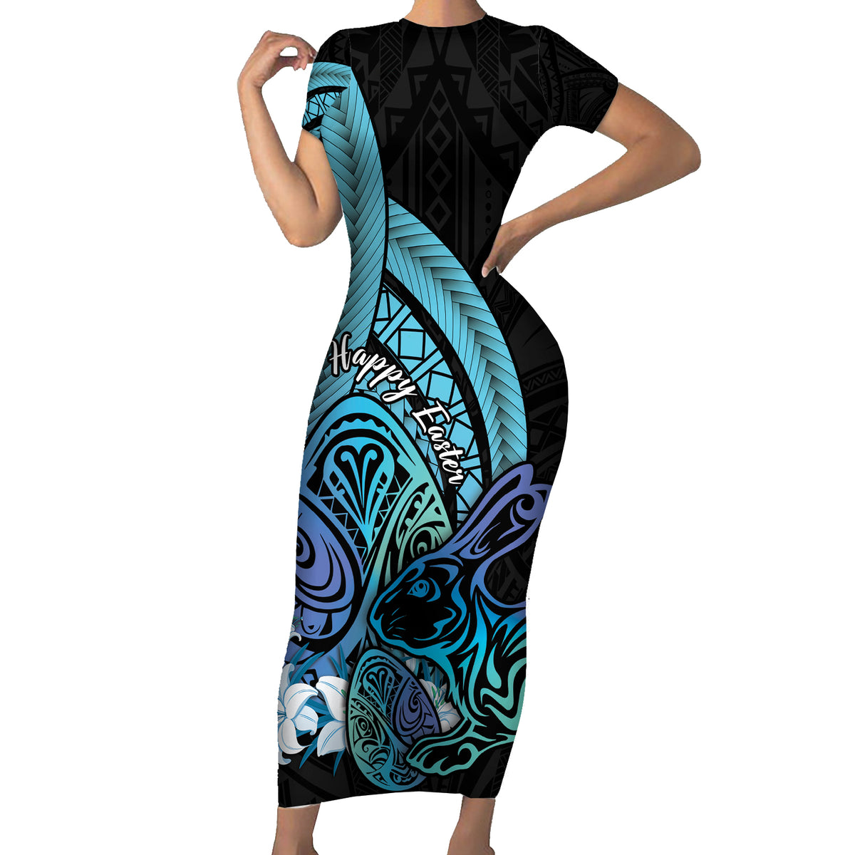 Turquoise Polynesia Easter Day Short Sleeve Bodycon Dress Eggs With Bunny Polynesian Pattern