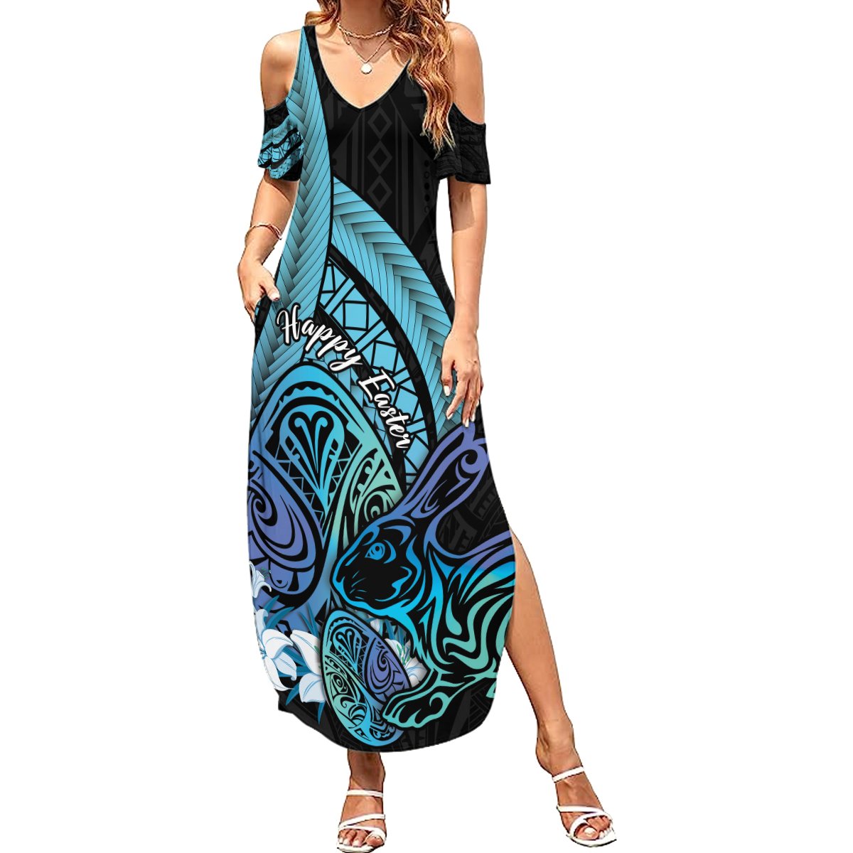 Turquoise Polynesia Easter Day Summer Maxi Dress Eggs With Bunny Polynesian Pattern LT14 Women Turquoise - Polynesian Pride