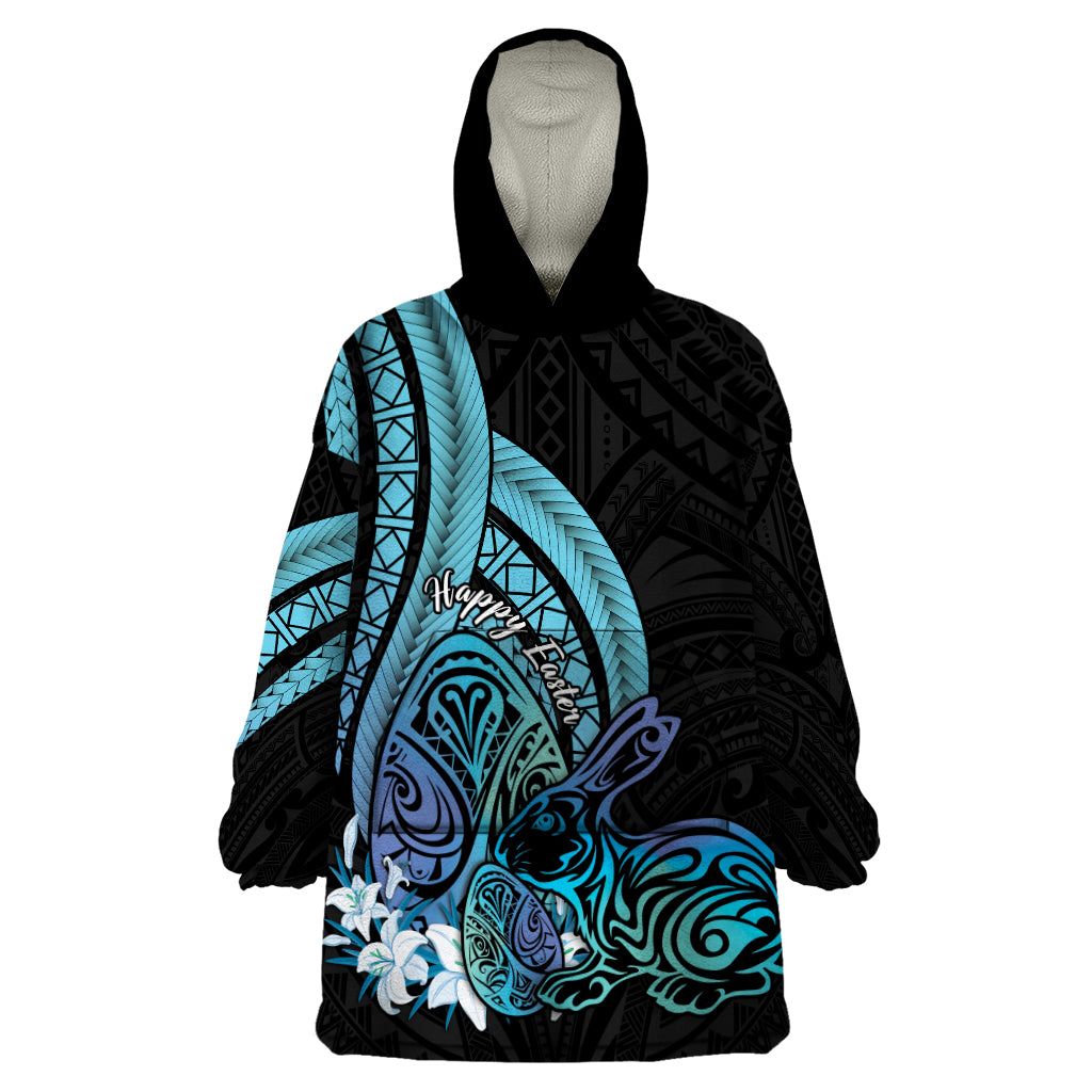 Turquoise Polynesia Easter Day Wearable Blanket Hoodie Eggs With Bunny Polynesian Pattern