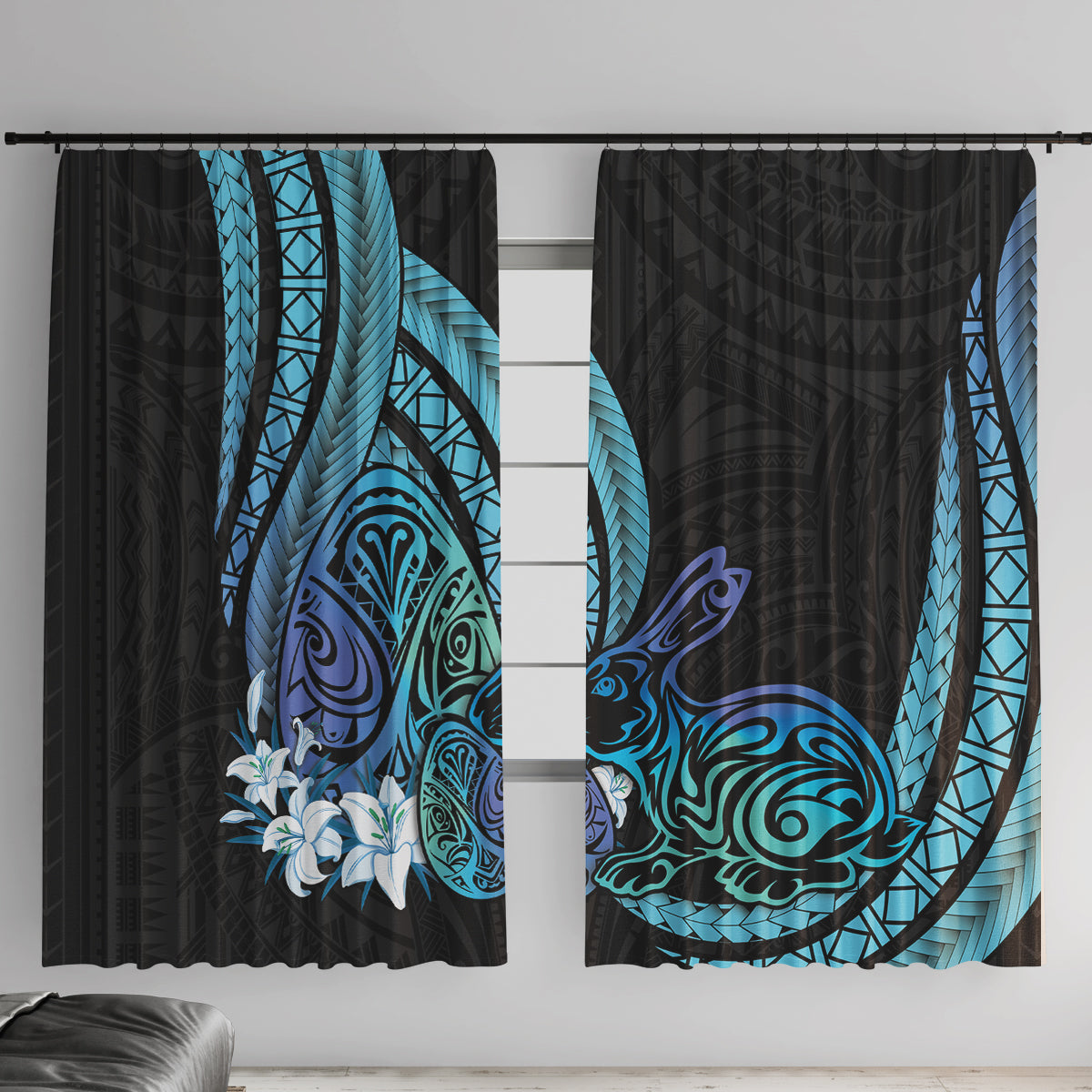 Turquoise Polynesia Easter Day Window Curtain Eggs With Bunny Polynesian Pattern