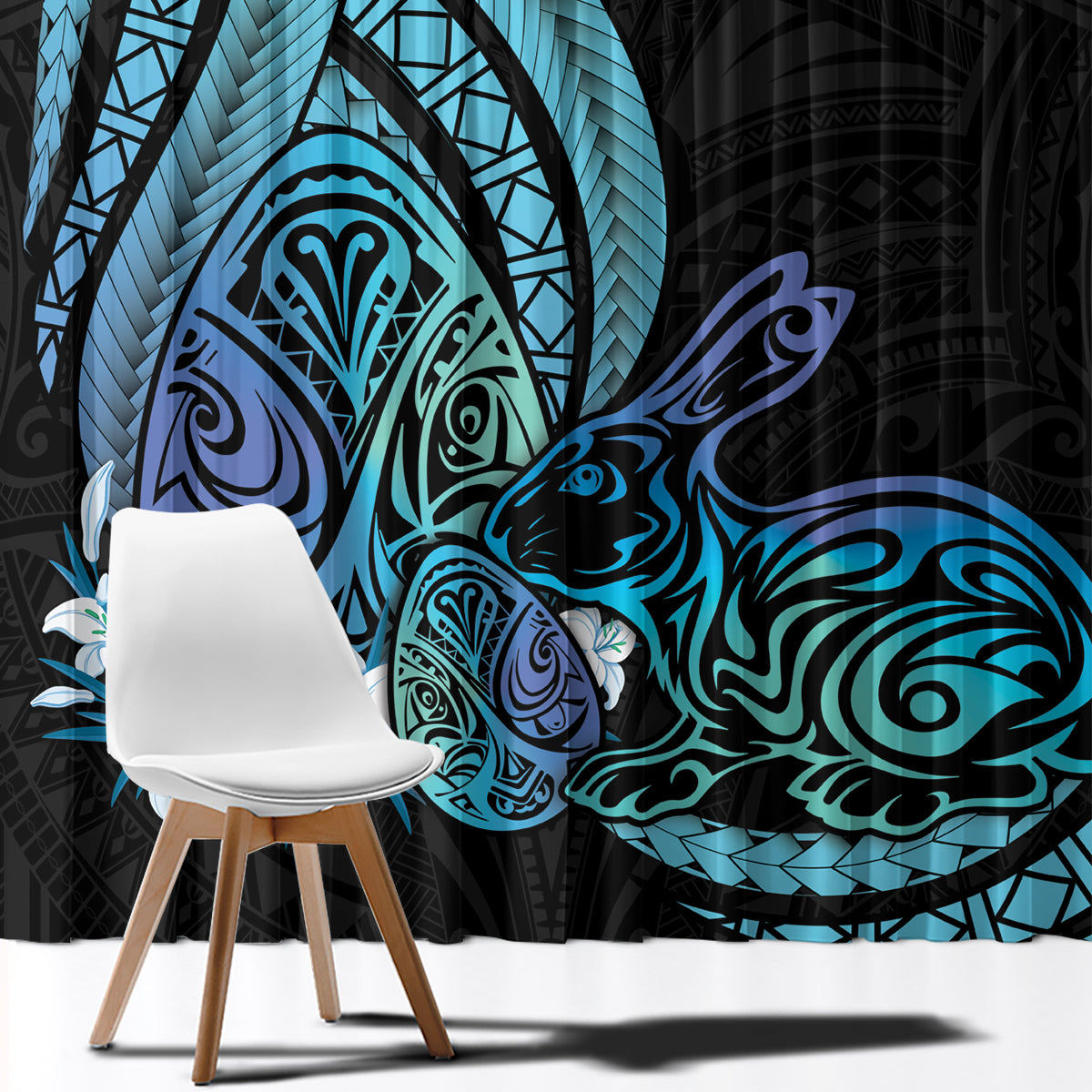 Turquoise Polynesia Easter Day Window Curtain Eggs With Bunny Polynesian Pattern LT14 - Polynesian Pride