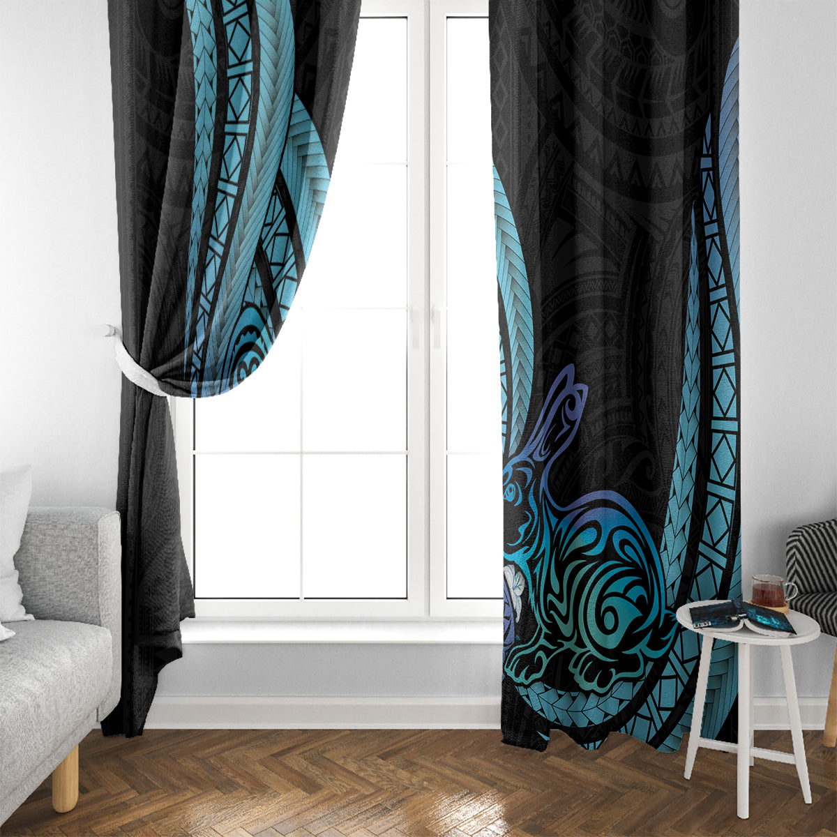 Turquoise Polynesia Easter Day Window Curtain Eggs With Bunny Polynesian Pattern LT14 - Polynesian Pride