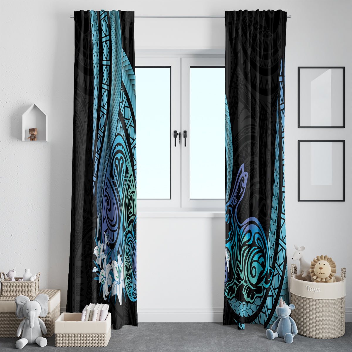 Turquoise Polynesia Easter Day Window Curtain Eggs With Bunny Polynesian Pattern LT14 - Polynesian Pride