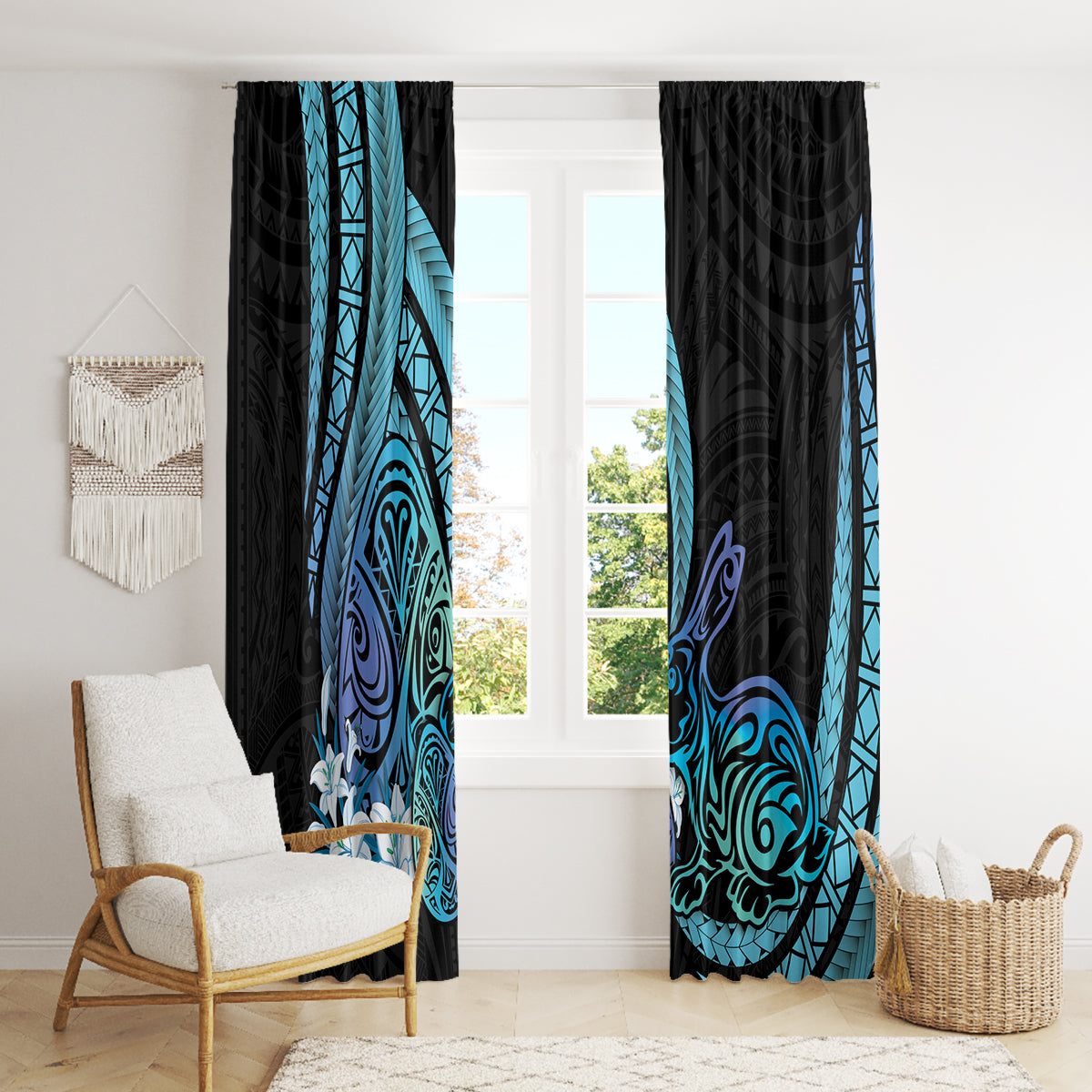 Turquoise Polynesia Easter Day Window Curtain Eggs With Bunny Polynesian Pattern LT14 - Polynesian Pride