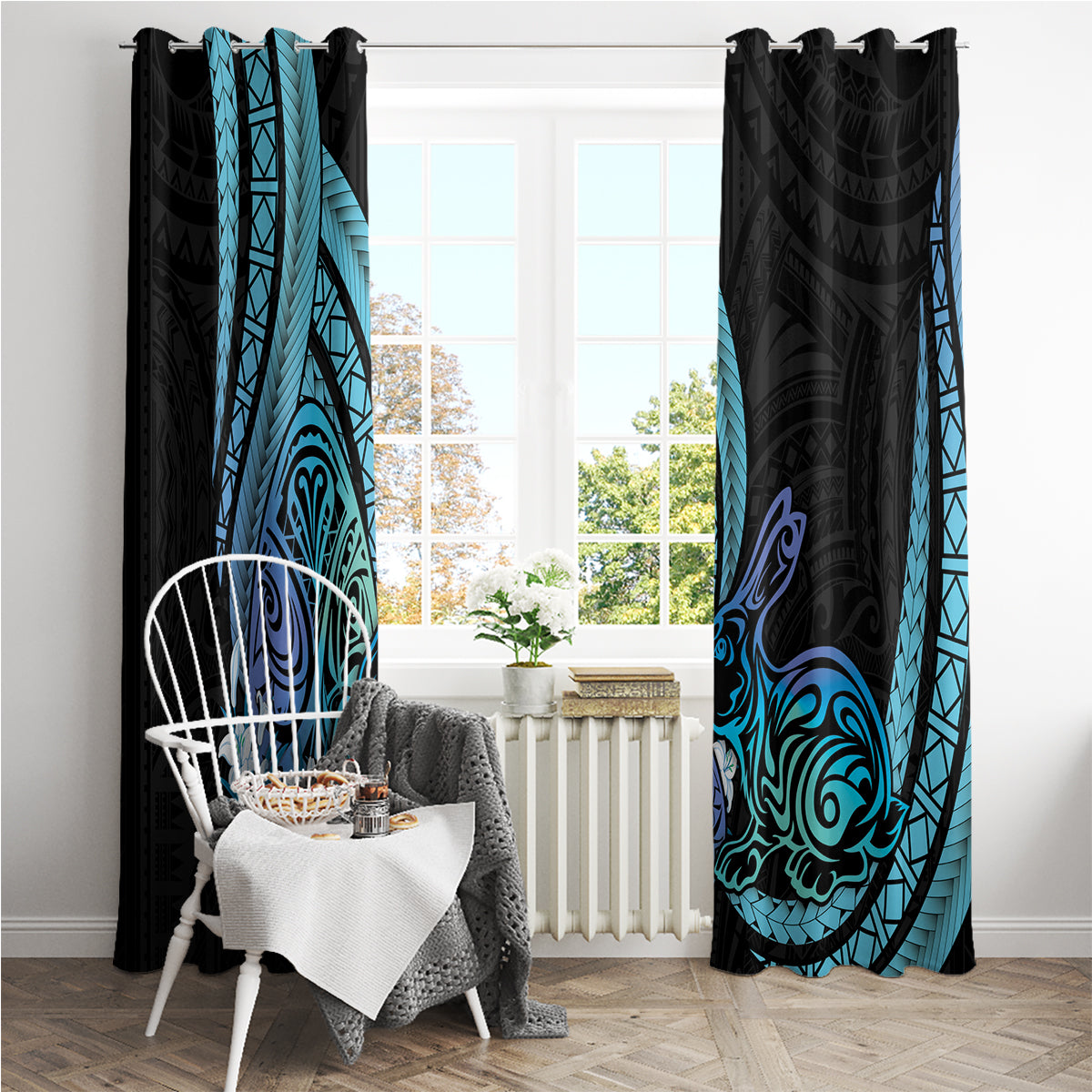 Turquoise Polynesia Easter Day Window Curtain Eggs With Bunny Polynesian Pattern LT14 - Polynesian Pride