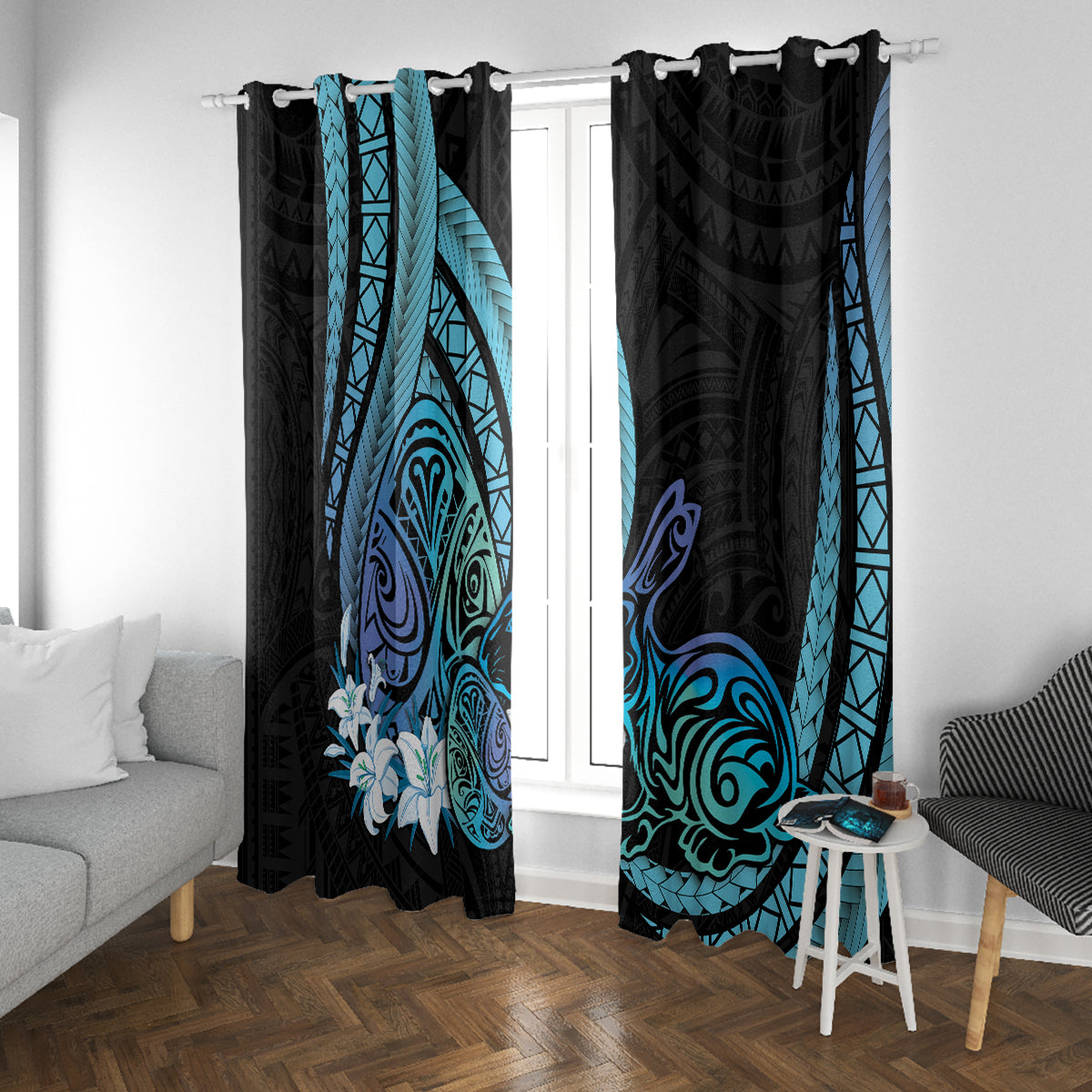Turquoise Polynesia Easter Day Window Curtain Eggs With Bunny Polynesian Pattern LT14 With Grommets Turquoise - Polynesian Pride