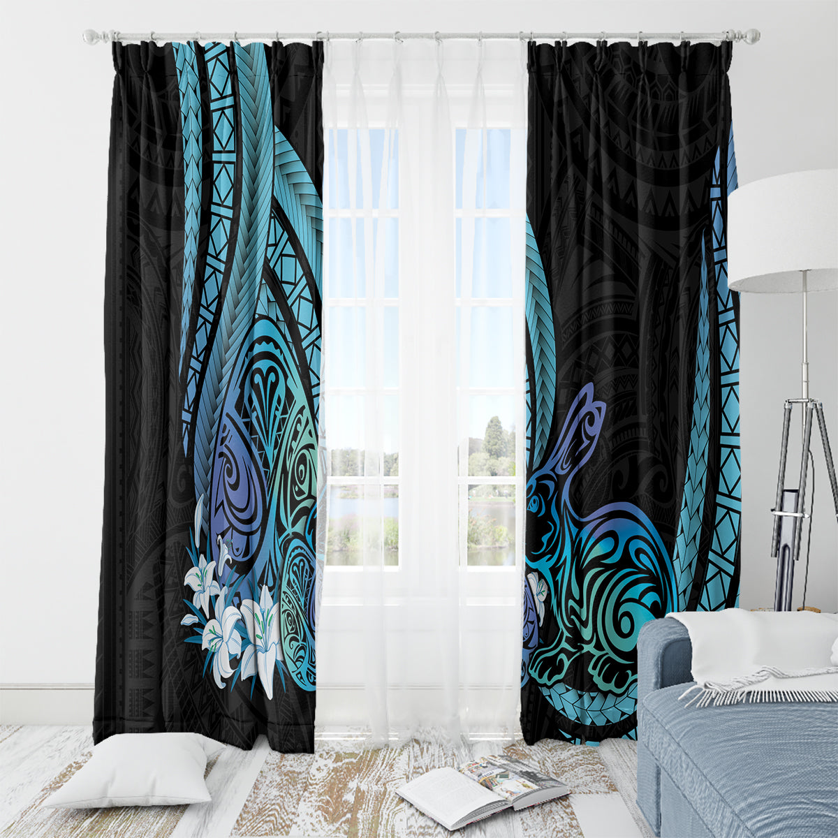 Turquoise Polynesia Easter Day Window Curtain Eggs With Bunny Polynesian Pattern LT14 - Polynesian Pride