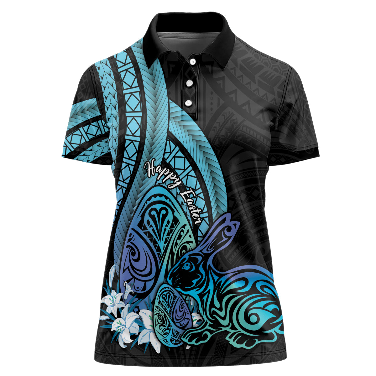 Turquoise Polynesia Easter Day Women Polo Shirt Eggs With Bunny Polynesian Pattern