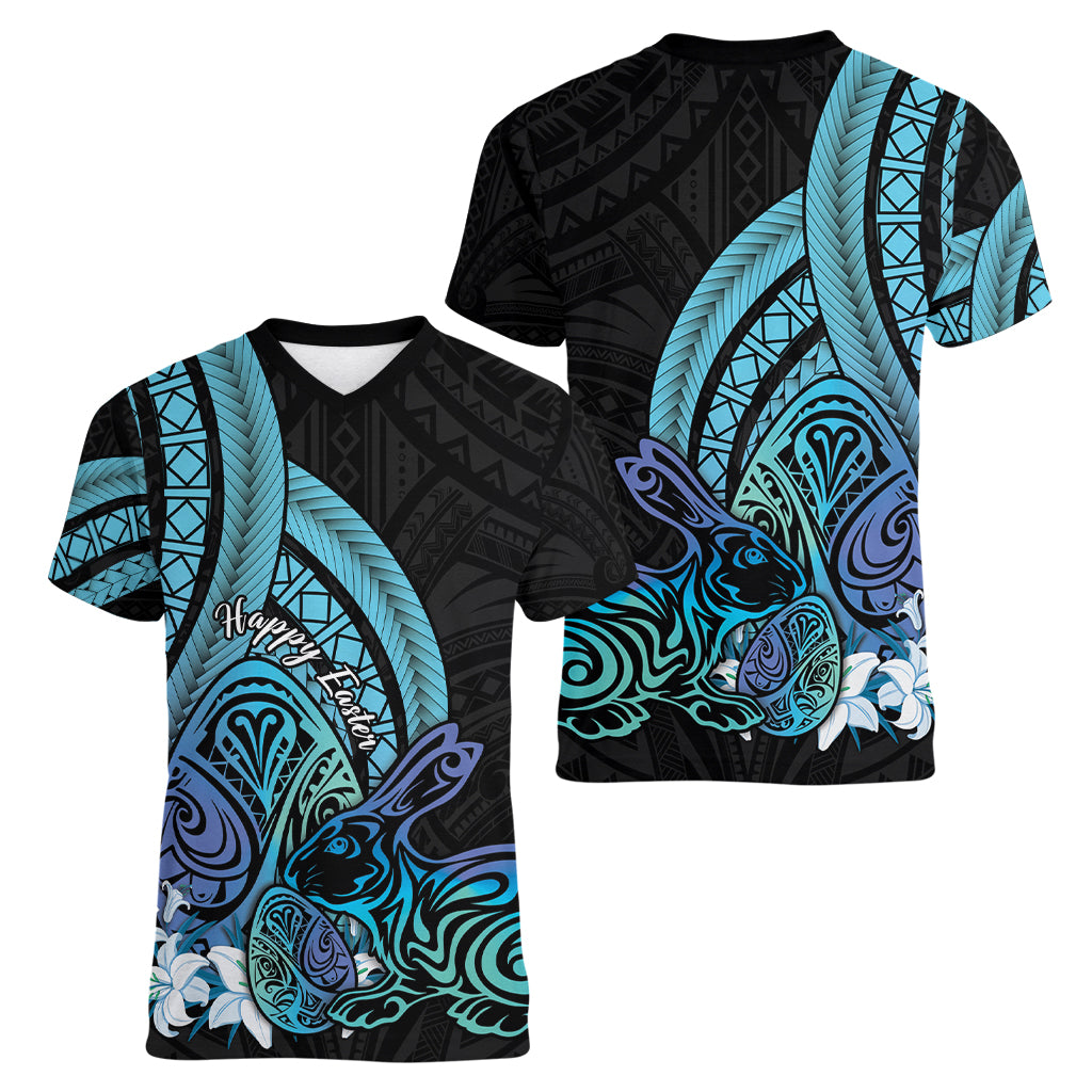 Turquoise Polynesia Easter Day Women V Neck T Shirt Eggs With Bunny Polynesian Pattern