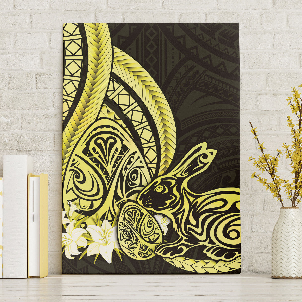 Yellow Polynesia Easter Day Canvas Wall Art Eggs With Bunny Polynesian Pattern LT14 Without Frame Yellow - Polynesian Pride