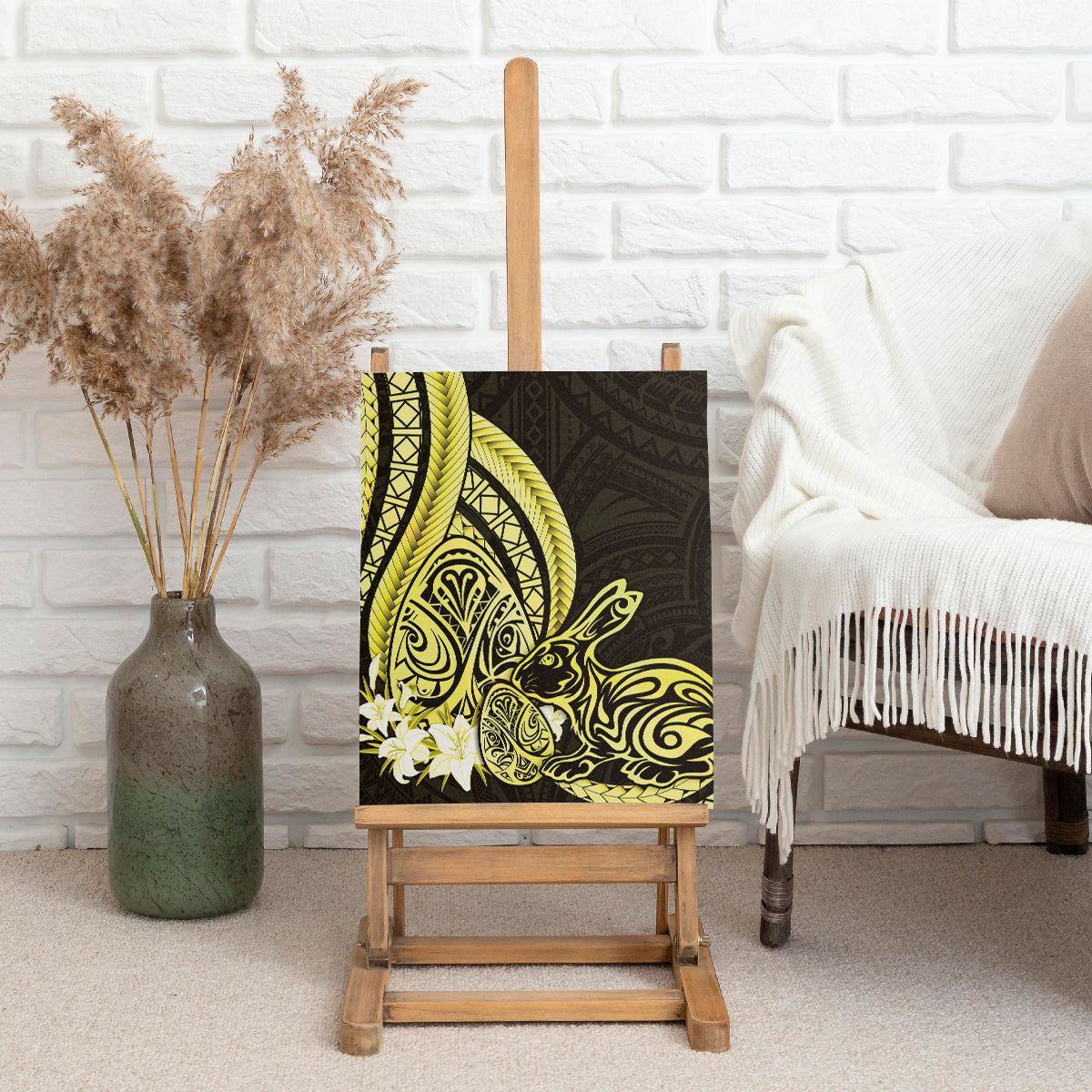 Yellow Polynesia Easter Day Canvas Wall Art Eggs With Bunny Polynesian Pattern LT14 - Polynesian Pride