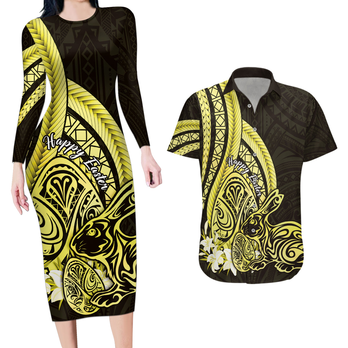 Yellow Polynesia Easter Day Couples Matching Long Sleeve Bodycon Dress and Hawaiian Shirt Eggs With Bunny Polynesian Pattern LT14 Yellow - Polynesian Pride