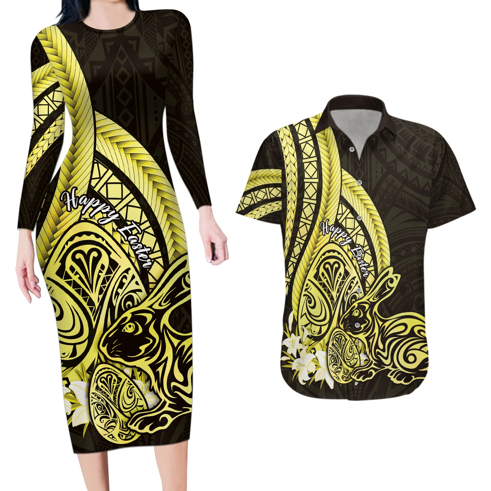 Yellow Polynesia Easter Day Couples Matching Long Sleeve Bodycon Dress and Hawaiian Shirt Eggs With Bunny Polynesian Pattern LT14 Yellow - Polynesian Pride