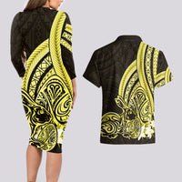 Yellow Polynesia Easter Day Couples Matching Long Sleeve Bodycon Dress and Hawaiian Shirt Eggs With Bunny Polynesian Pattern LT14 - Polynesian Pride