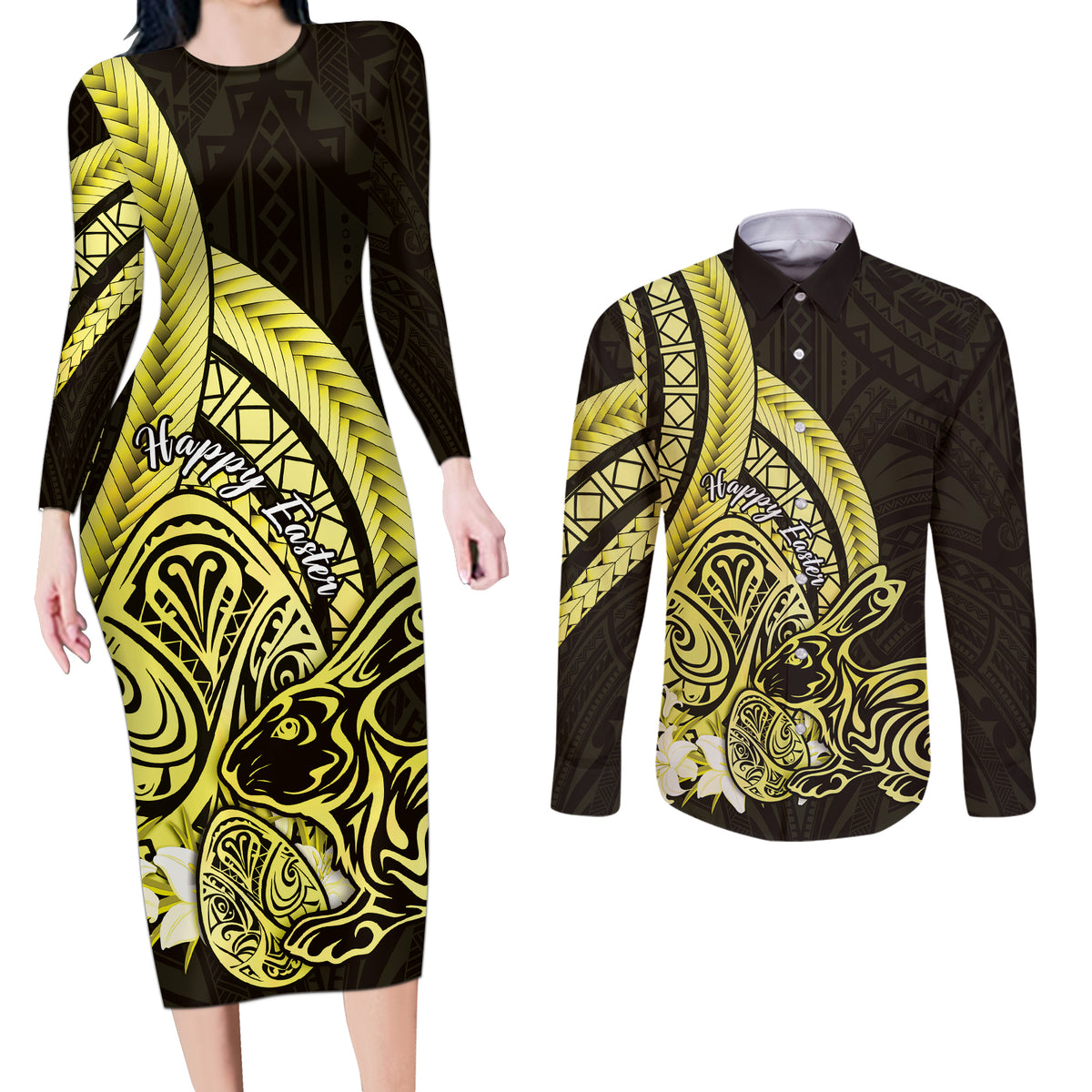 Yellow Polynesia Easter Day Couples Matching Long Sleeve Bodycon Dress and Long Sleeve Button Shirt Eggs With Bunny Polynesian Pattern LT14 Yellow - Polynesian Pride