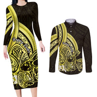 Yellow Polynesia Easter Day Couples Matching Long Sleeve Bodycon Dress and Long Sleeve Button Shirt Eggs With Bunny Polynesian Pattern LT14 Yellow - Polynesian Pride