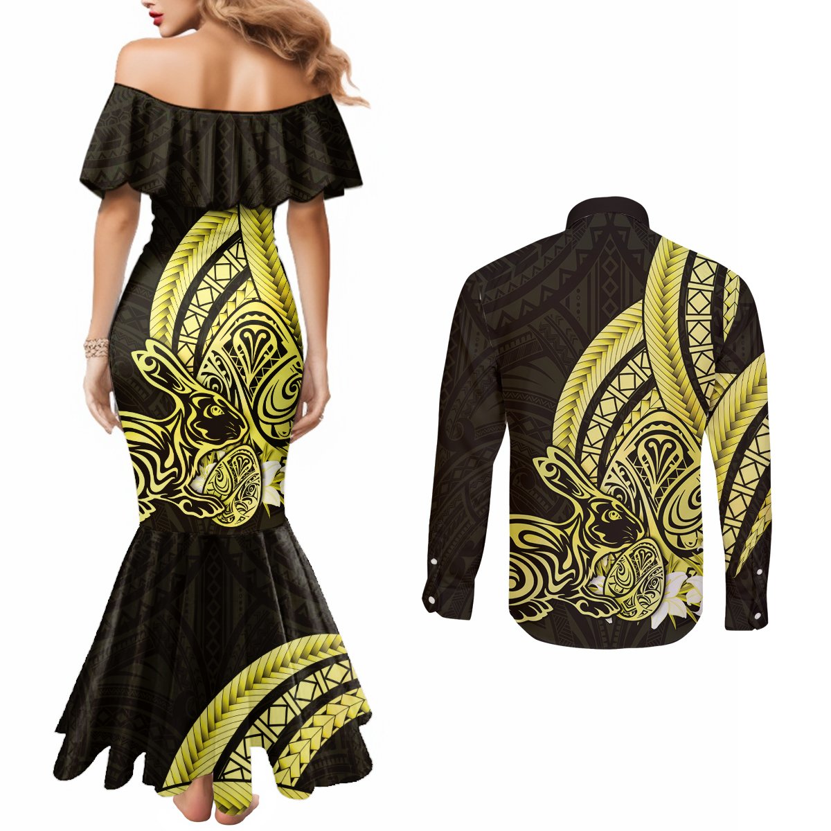 Yellow Polynesia Easter Day Couples Matching Mermaid Dress and Long Sleeve Button Shirt Eggs With Bunny Polynesian Pattern LT14 - Polynesian Pride