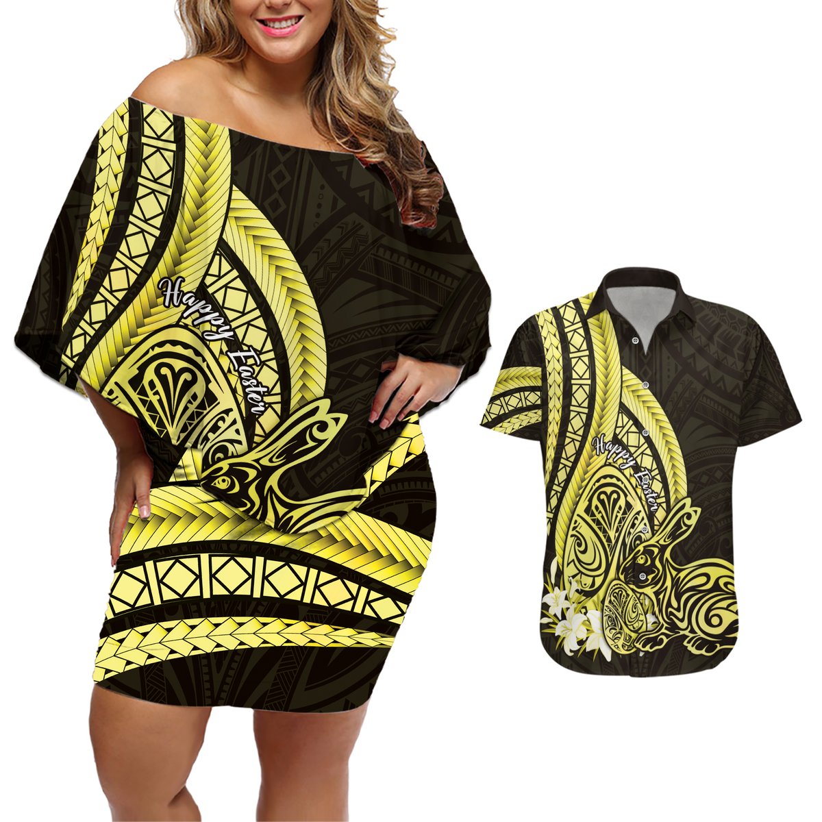Yellow Polynesia Easter Day Couples Matching Off Shoulder Short Dress and Hawaiian Shirt Eggs With Bunny Polynesian Pattern LT14 Yellow - Polynesian Pride