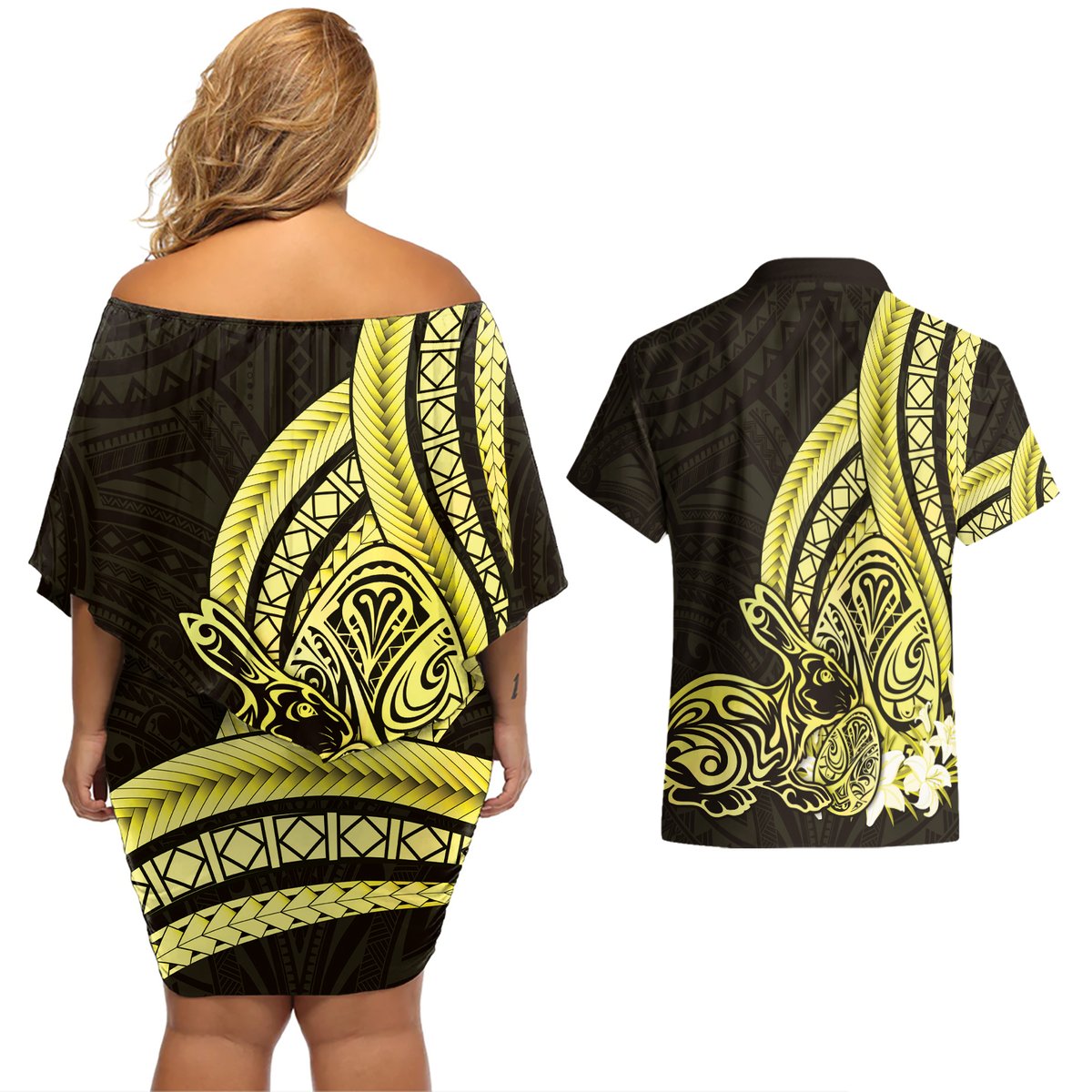 Yellow Polynesia Easter Day Couples Matching Off Shoulder Short Dress and Hawaiian Shirt Eggs With Bunny Polynesian Pattern LT14 - Polynesian Pride