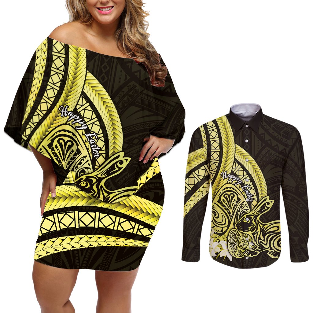 Yellow Polynesia Easter Day Couples Matching Off Shoulder Short Dress and Long Sleeve Button Shirt Eggs With Bunny Polynesian Pattern