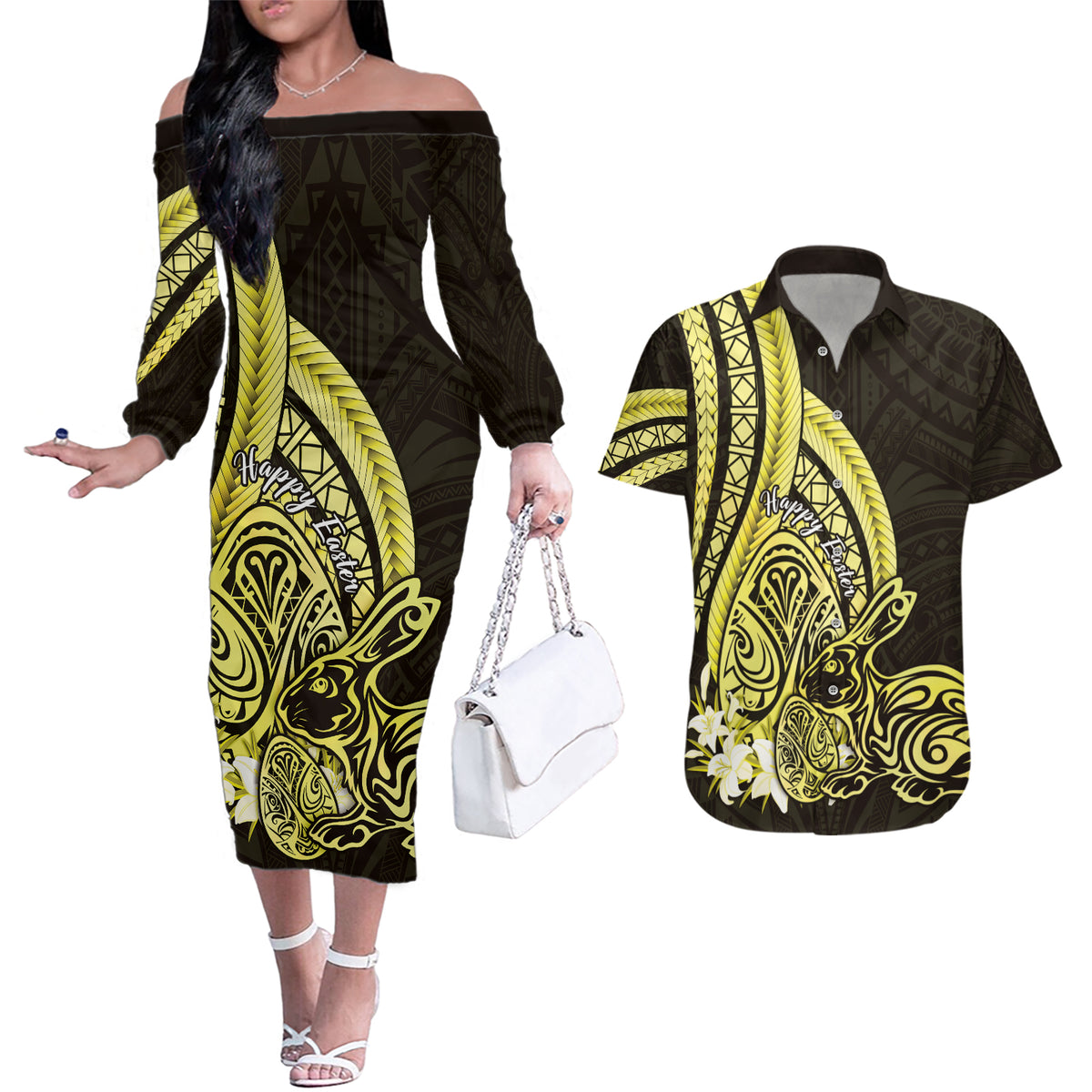 Yellow Polynesia Easter Day Couples Matching Off The Shoulder Long Sleeve Dress and Hawaiian Shirt Eggs With Bunny Polynesian Pattern LT14 Yellow - Polynesian Pride