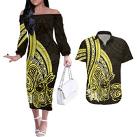 Yellow Polynesia Easter Day Couples Matching Off The Shoulder Long Sleeve Dress and Hawaiian Shirt Eggs With Bunny Polynesian Pattern LT14 Yellow - Polynesian Pride
