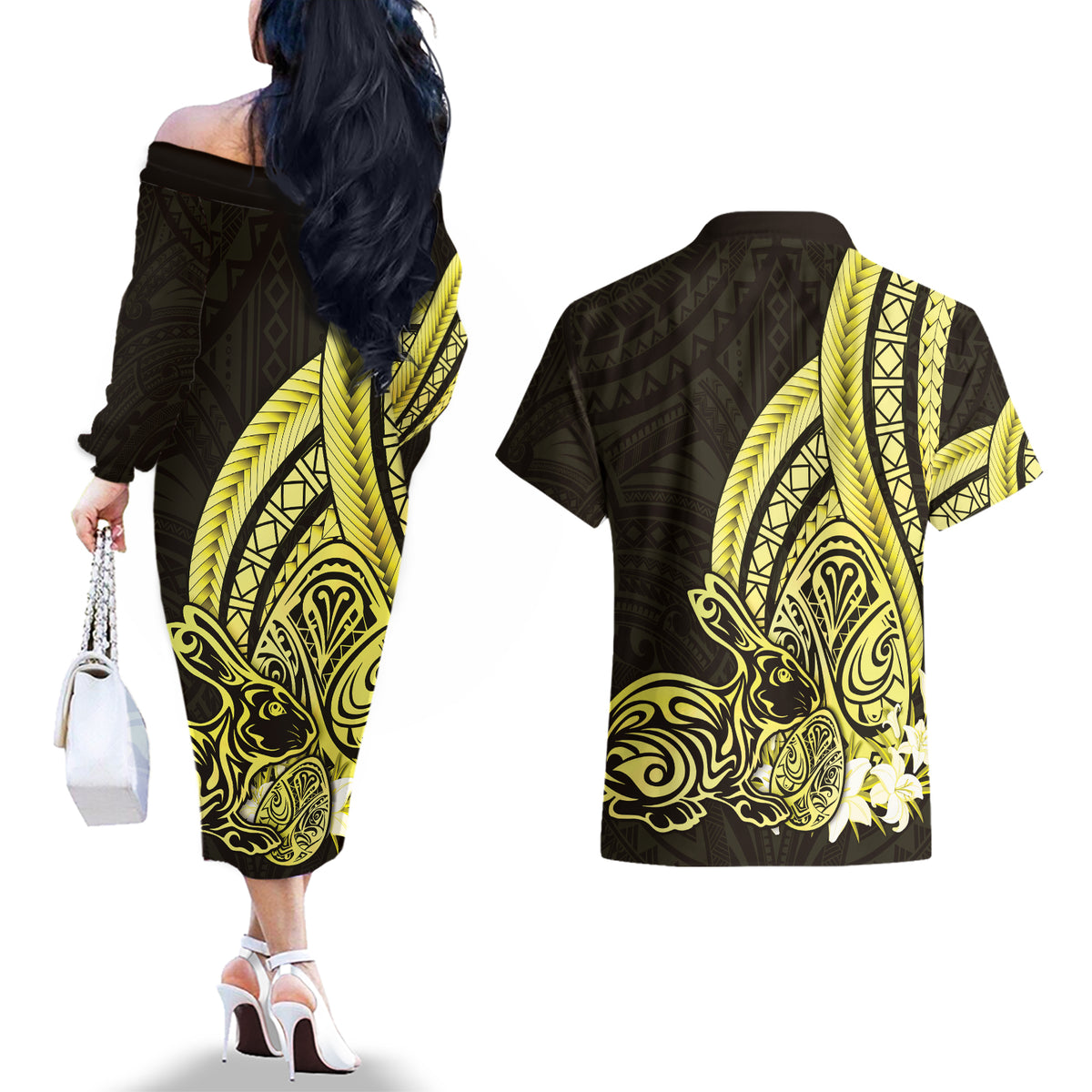 Yellow Polynesia Easter Day Couples Matching Off The Shoulder Long Sleeve Dress and Hawaiian Shirt Eggs With Bunny Polynesian Pattern LT14 - Polynesian Pride