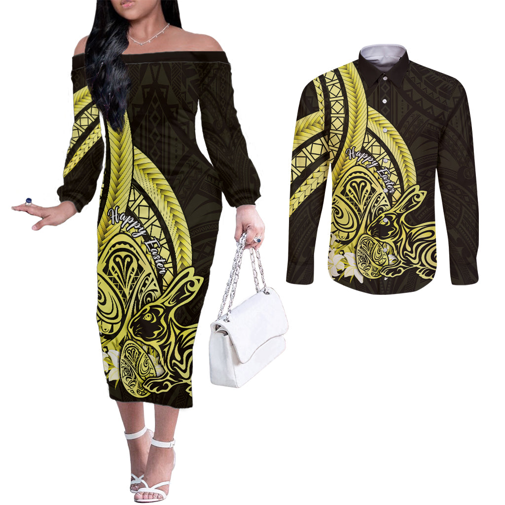 Yellow Polynesia Easter Day Couples Matching Off The Shoulder Long Sleeve Dress and Long Sleeve Button Shirt Eggs With Bunny Polynesian Pattern LT14 Yellow - Polynesian Pride